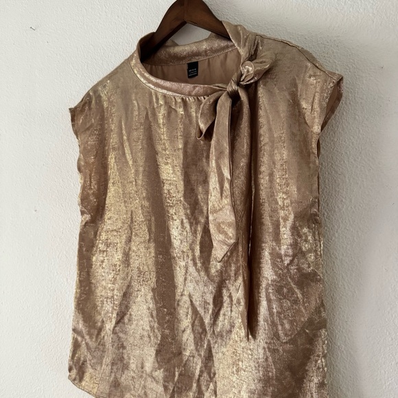 Metallic Gold Tie Neck Blouse Large 8/10 Statement Elegant Holiday Party Layer - Picture 3 of 12